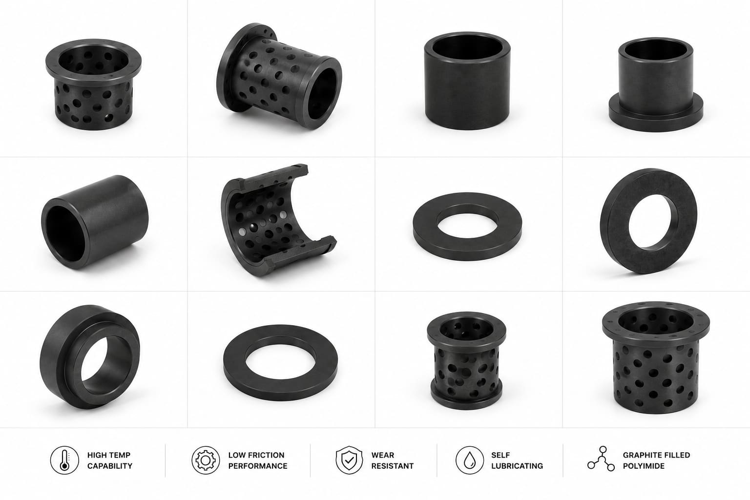 Graphite-filled polyimide bushings, flanged sleeves, and washers on a white field